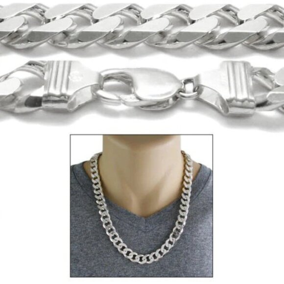 STERLING SILVER CUBAN CURB CHAIN NECKLACE 13.5MM (GAUGE 350) AVAILABLE 4 LENGTHS - Picture 1 of 2